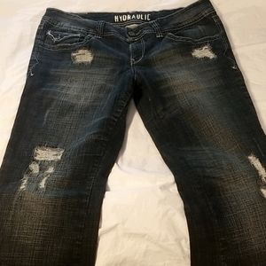 Hydraulic dark wash light stitch boot cut jeans